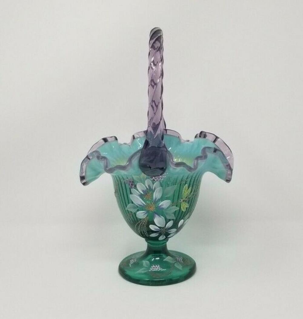 Fenton Glass New Century XXI Spruce Green Purple Dragonfly Basket Signed